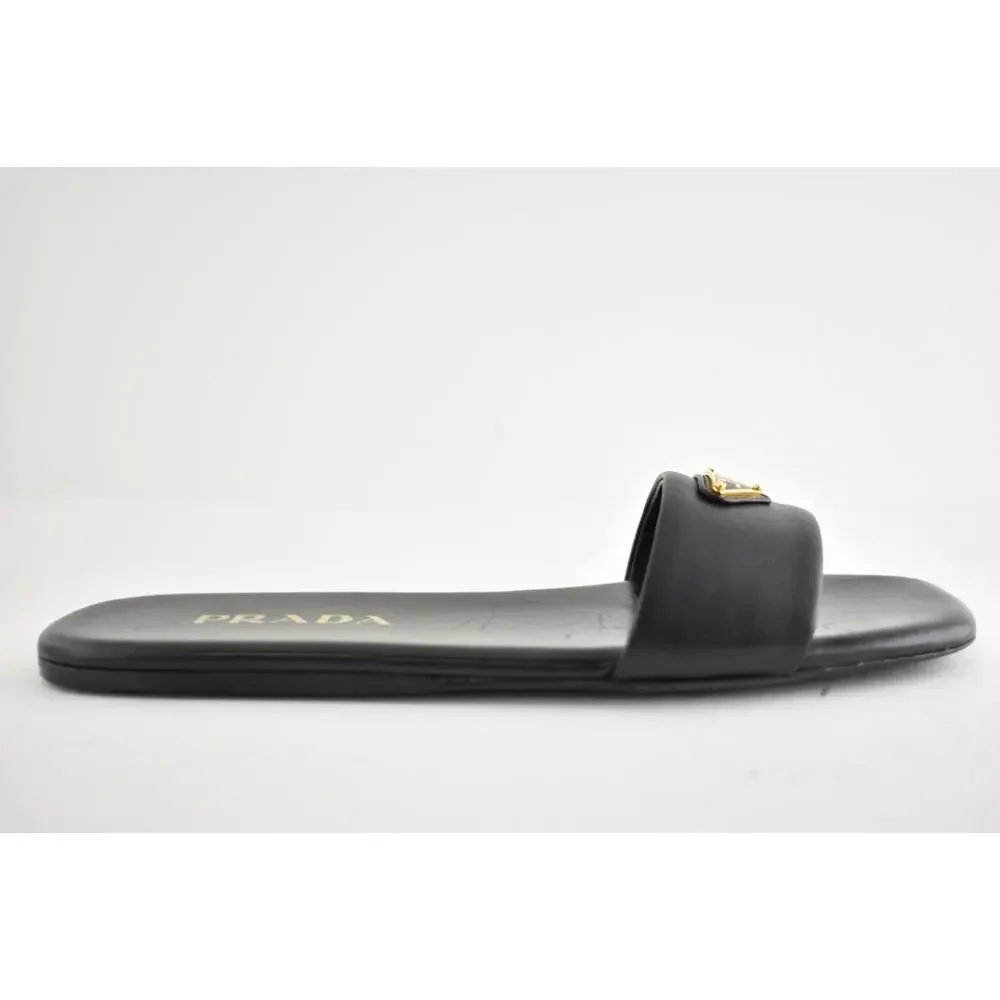 Prada Ciabatte Black Leather Gold Triangle Logo Slide Mule Flat Sandal 36